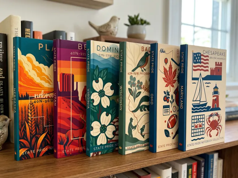 State Pride notebooks standing upright as a collection