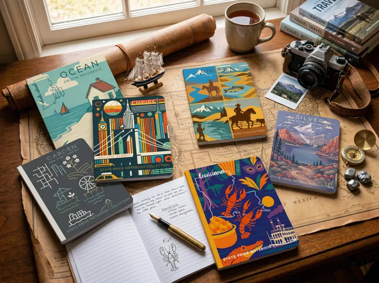 A creative arrangement of State Pride notebooks
