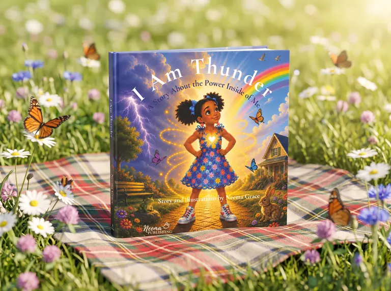I Am Thunder displayed in a sunlit flower meadow with butterflies