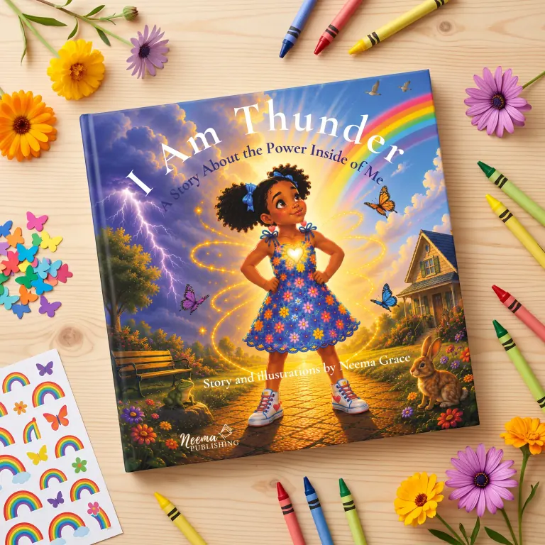 I Am Thunder book surrounded by colorful crayons, flowers, and stickers